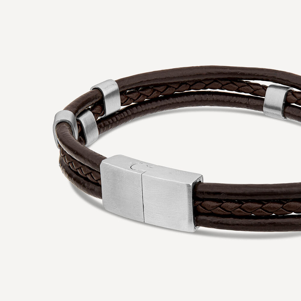 Gents Steel & Brown Leather 3 Strap Bracelet image number 2