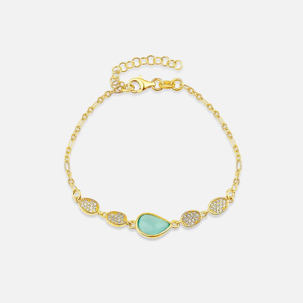 Yellow Gold Plated Sterling Silver Green Teardrop & Pave Cubic Zirconia Sections Bracelet