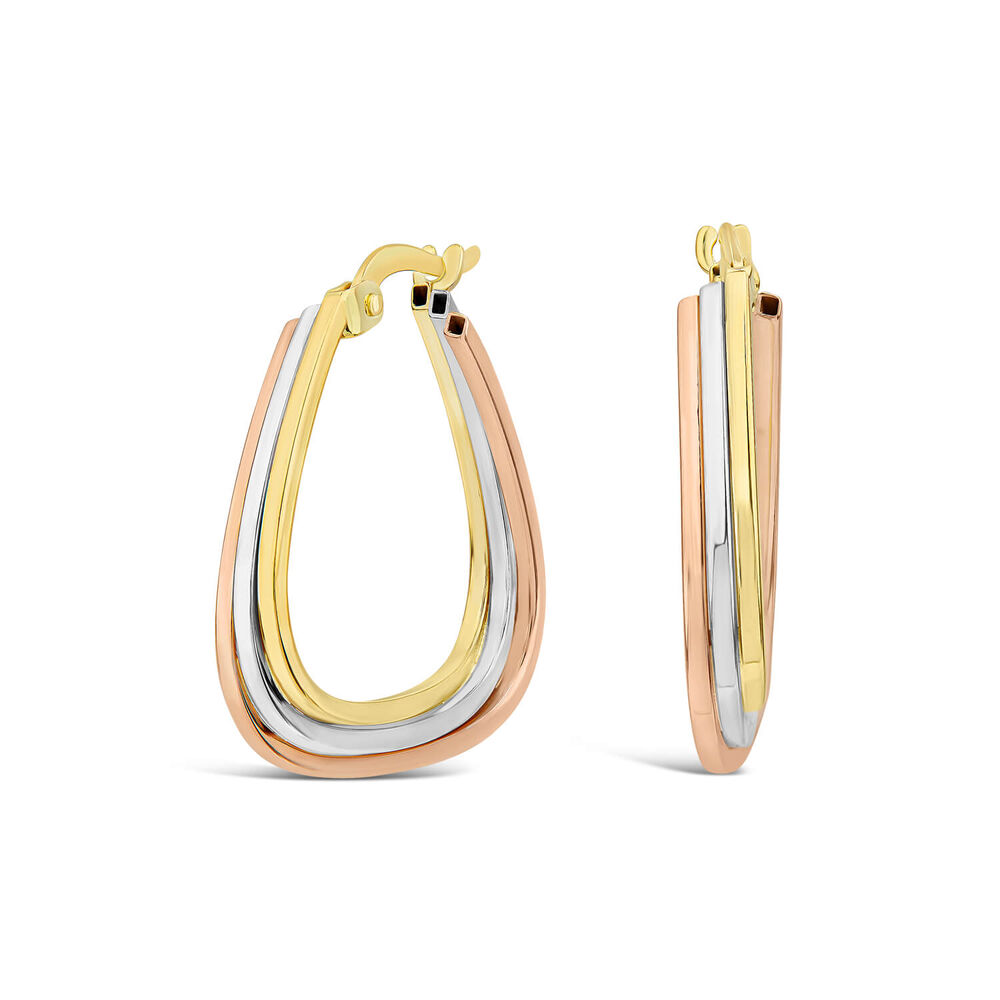 9ct Yellow & White Gold 3 Strand Triangle Hoop Earrings image number 0