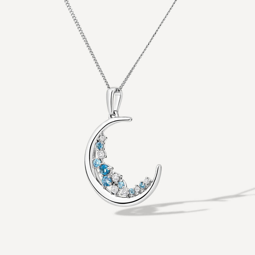 9ct White Gold Blue Topaz & Diamond Set Half Moon Pendant