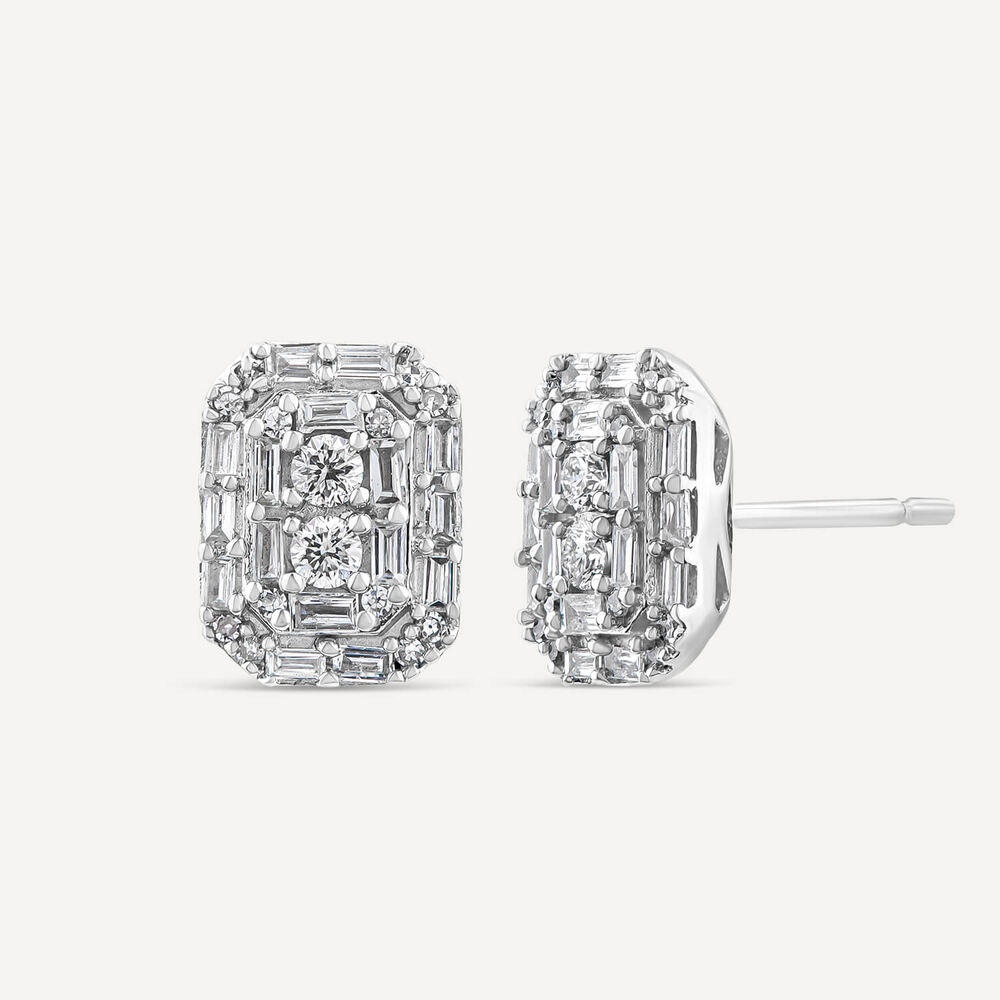 9ct White Gold 0.30ct Octagonal Baguette & Round Cluster Stud Earrings