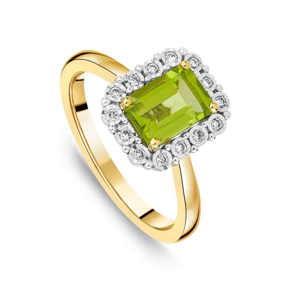 9ct Yellow Gold Rectangular Peridot 0.06ct Halo Diamond Ring image number 0