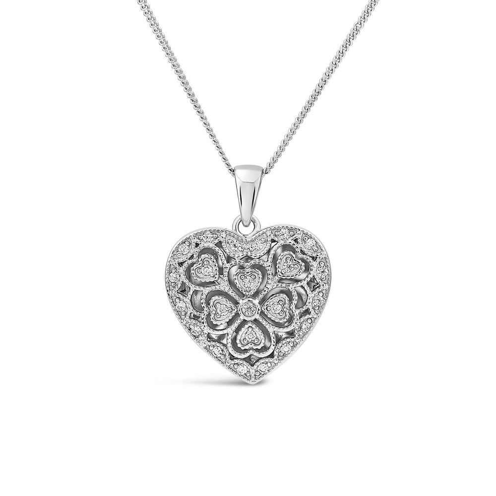 Sterling Silver Small Cubic Zirconia Antique Design Heart Locket Pendant image number 0