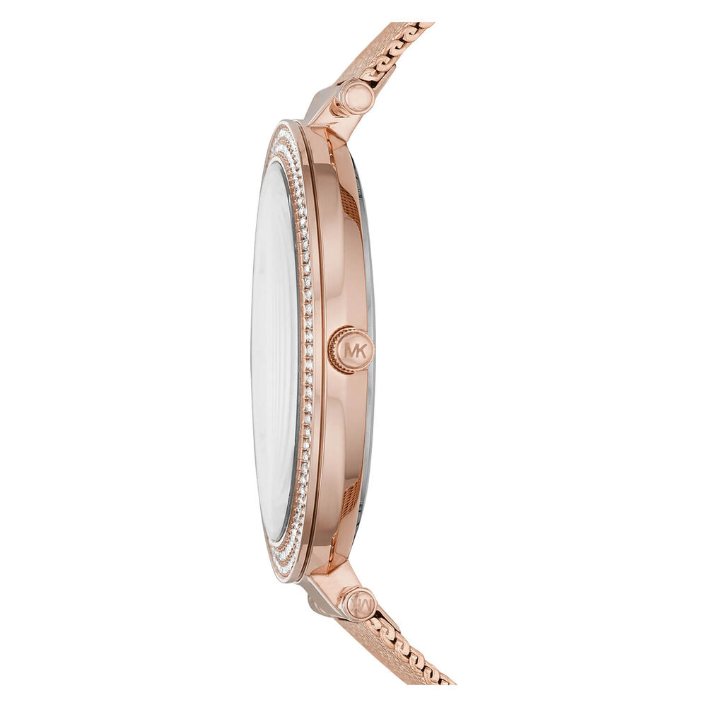 Michael Kors Darci 39mm Mother of Pearl Cubic Zirconia Rose Gold IP & Steel Case Mesh Bracelet Watch