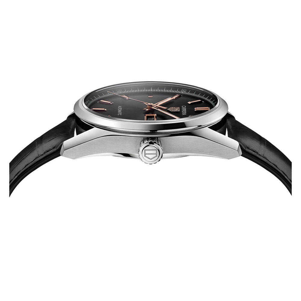 TAG Heuer Carrera Day-Date 41mm Automatic Black Dial Rose Gold Index Black Alligator Strap Watch image number 2