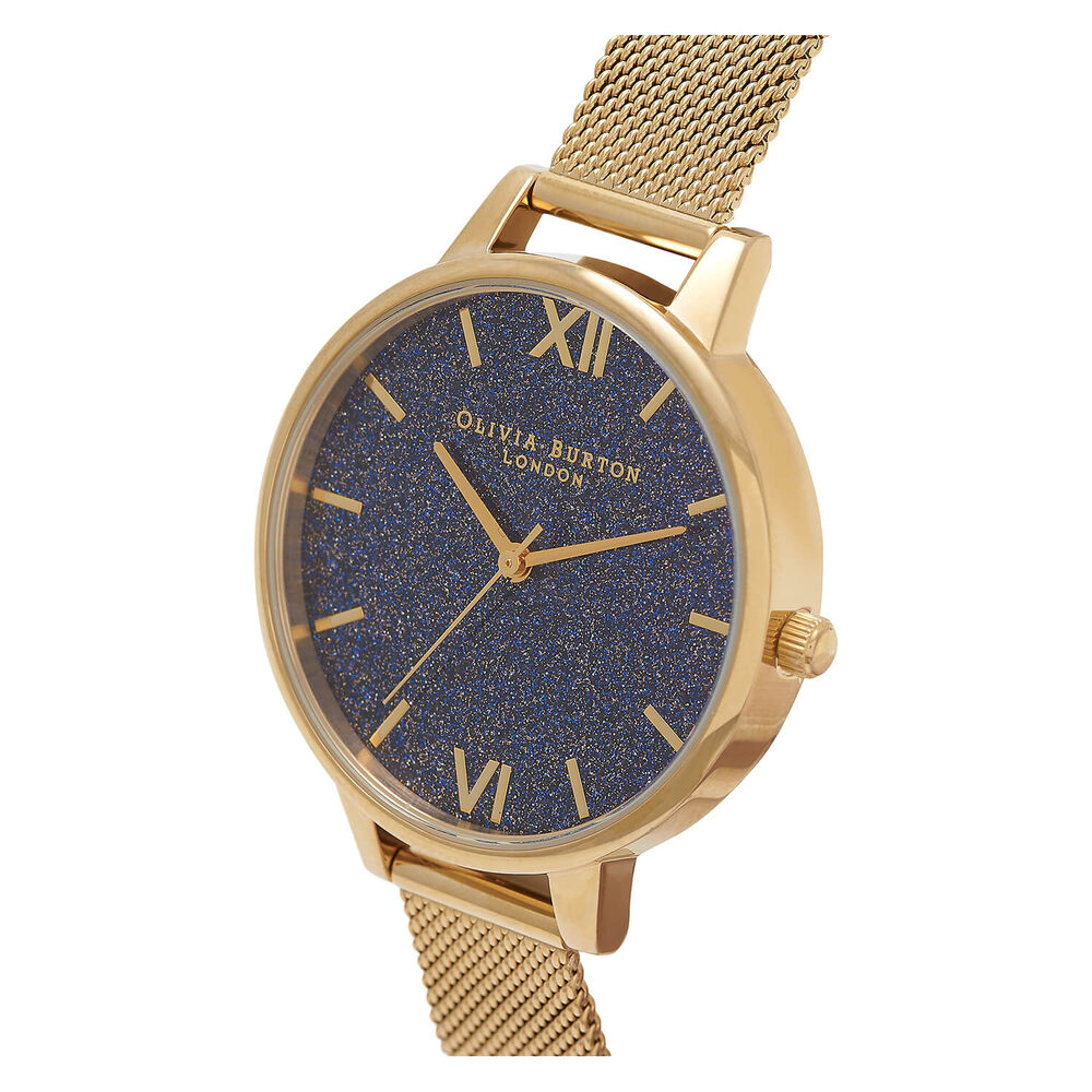 Olivia Burton Round Yellow Gold Case Black Dial Mesh Bracelet Watch