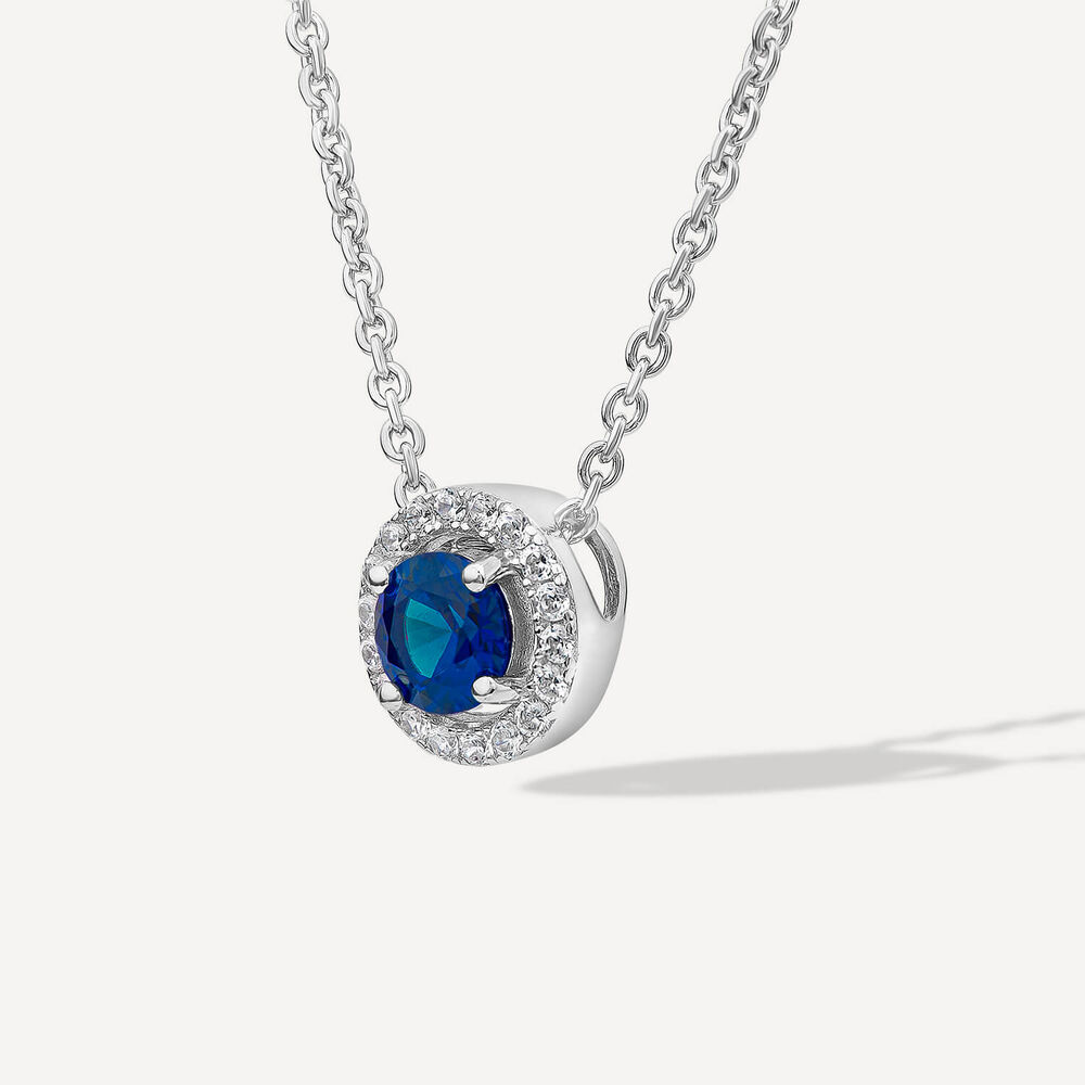 Sterling Silver Blue Centre Stone & Cubic Zirconia Halo Pendant image number 1