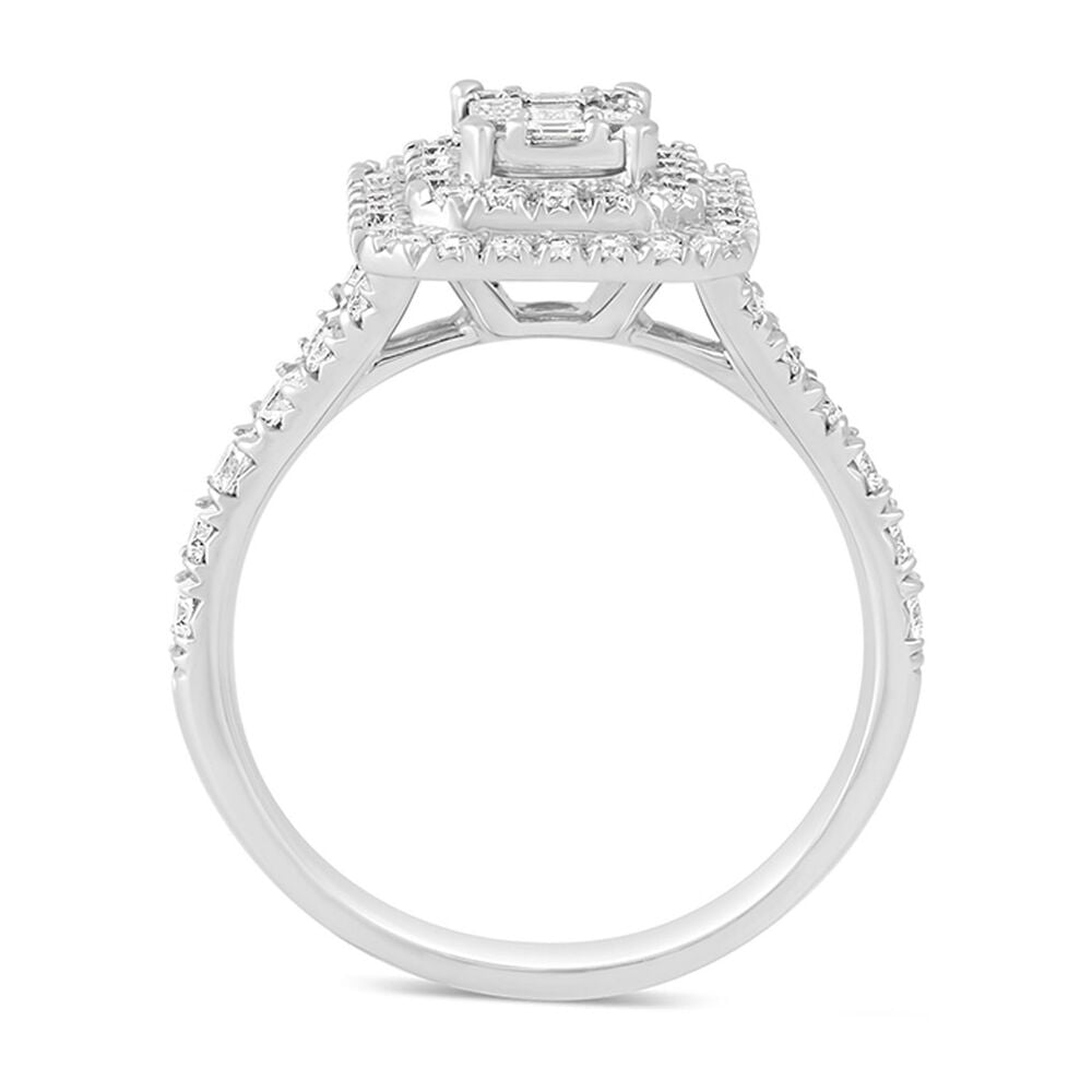 18ct White Gold 1.00 Carat Baguette and Round Brilliant Diamond Halo Cluster Ring image number 2