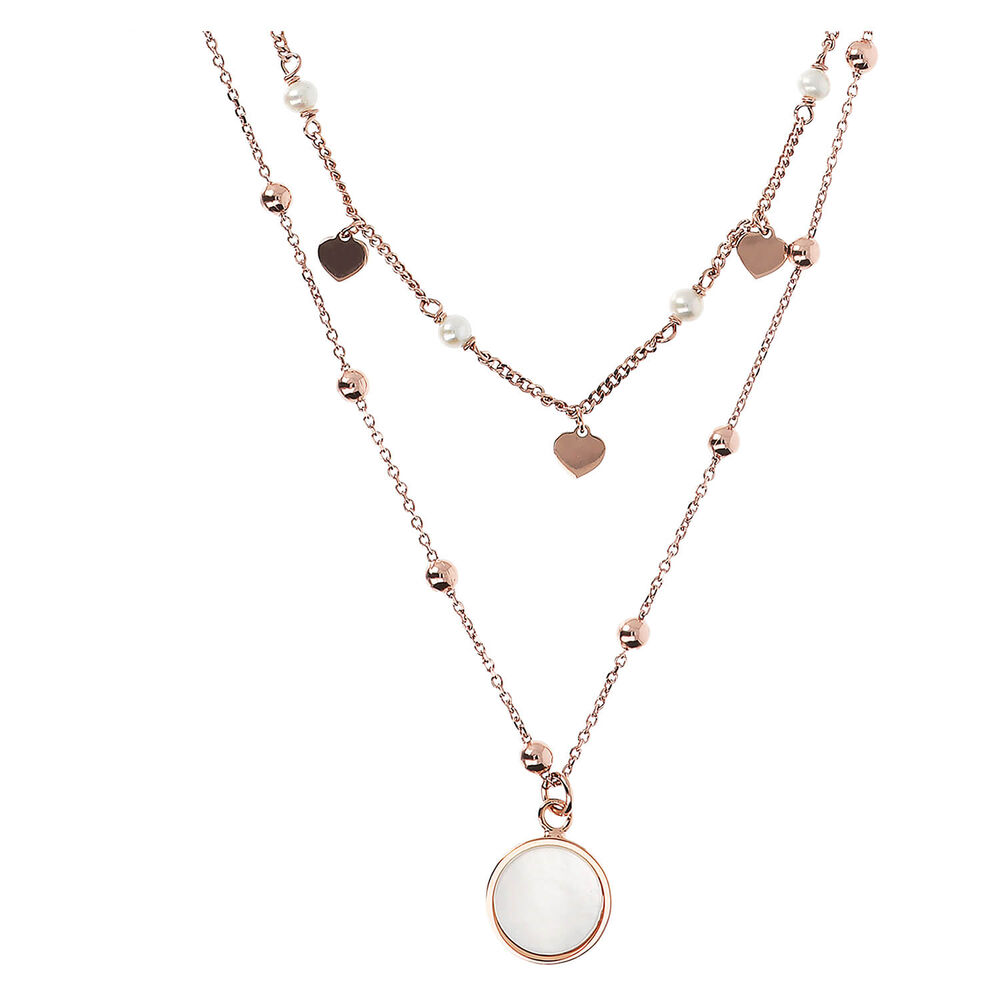 Bronzallure 18ct Rose Gold Plated Hearts And White Mother of Pearl Stones Double Strand Necklace