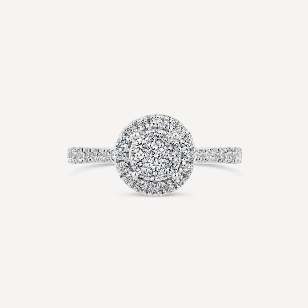 Kathy De Stafford 18ct White Gold Diamond Halo Cluster Stone Set Shoulders 0.60 Carat Ring