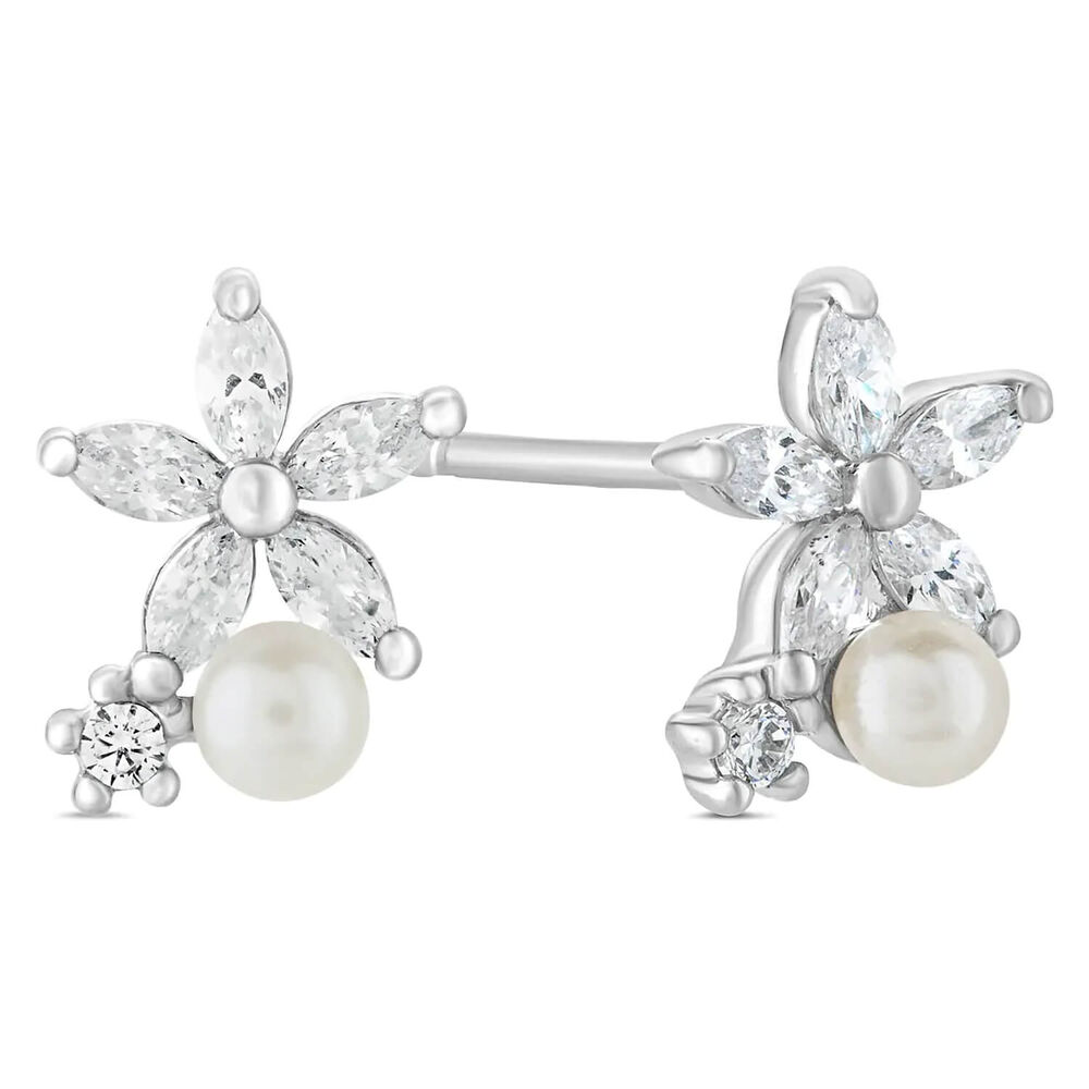 Sterling Silver Pearl and Cubic Zirconia Flower Earrings image number 1