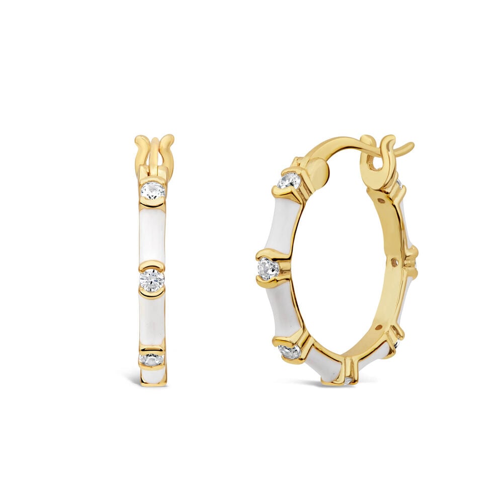 Silver & Yellow Gold Plated White Enamel & Cubic Zirconia Hoop Earrings