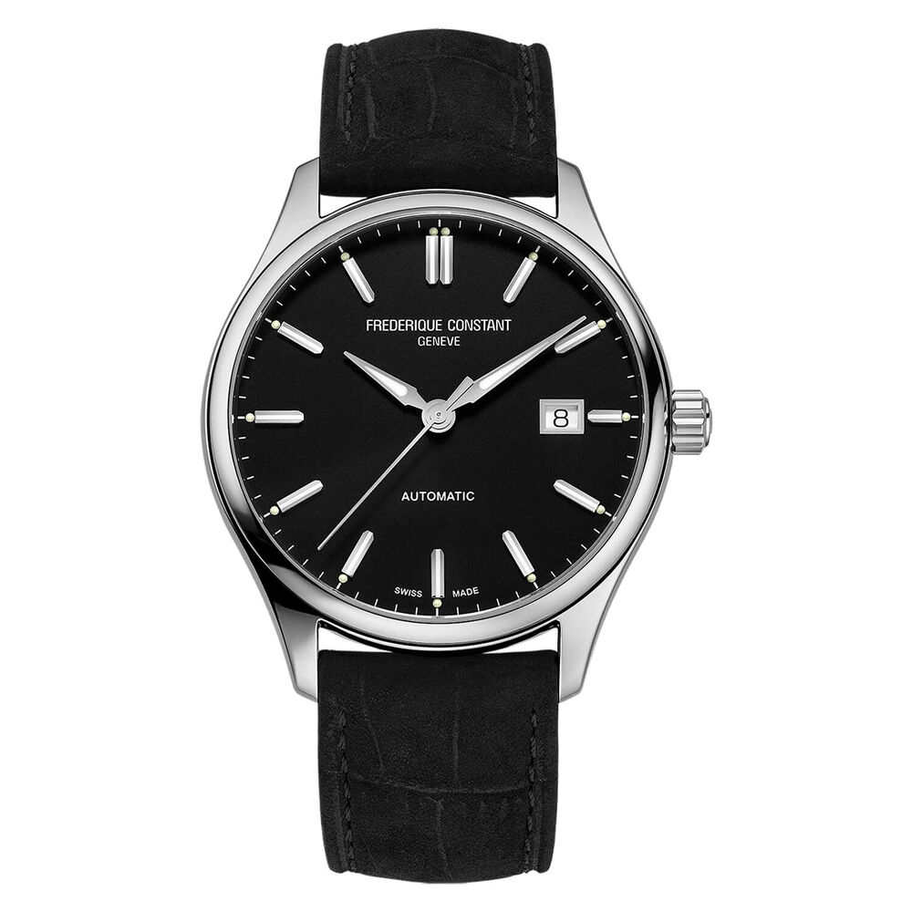 Frederique Constant Index Automatic Black Dial Steel Case Black Strap Watch