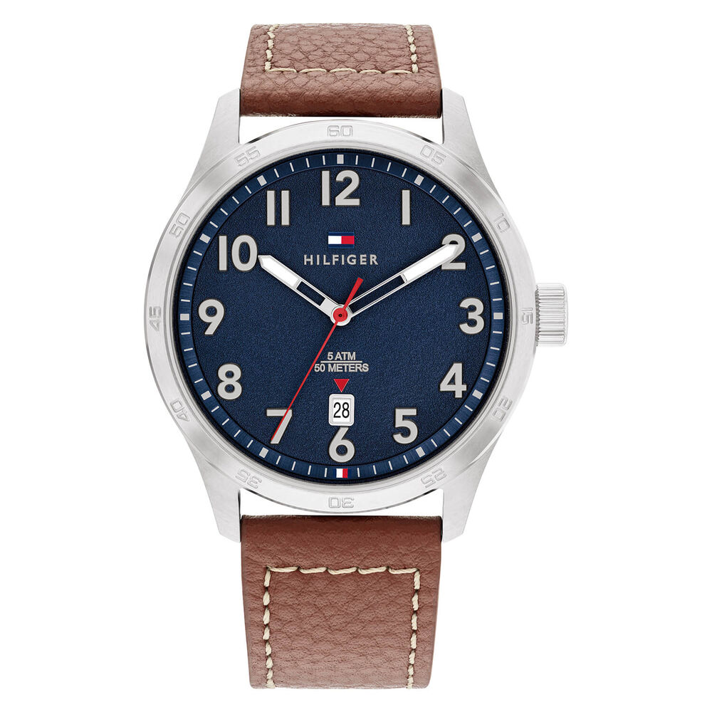 Tommy Hilfiger 43mm Blue Dial Brown Leather Strap Watch