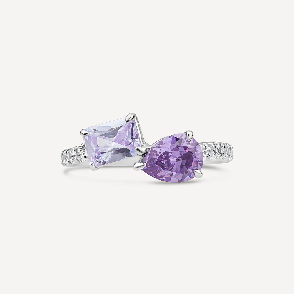 Sterling Silver Pear & Emerald Cut Purple & Lavender Cubic Zirconia Toi Et Moi Shoulders Ring image number 1