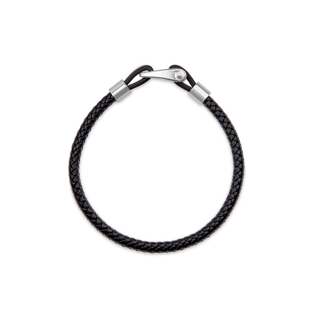 Men's Steel & Black Leather Plait Bracelet