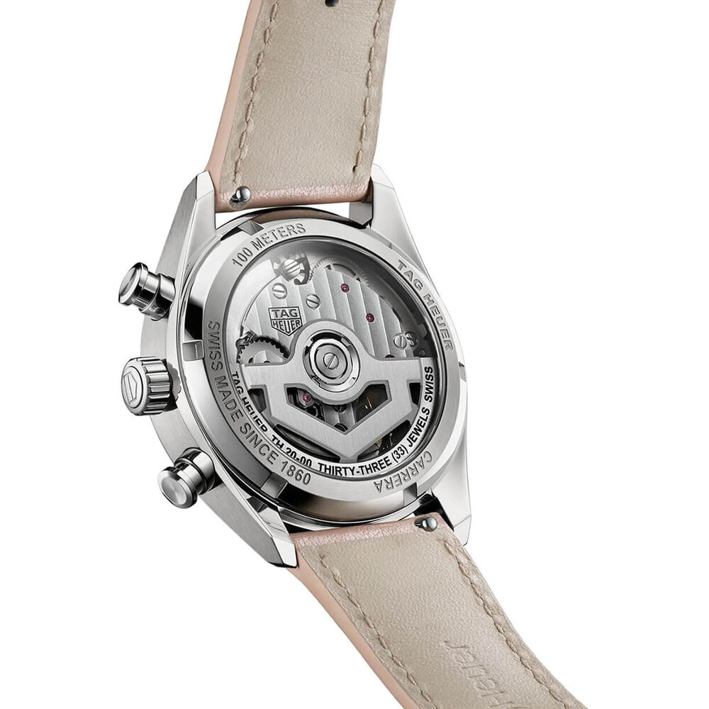 TAG Heuer Carrera Chronograph 39mm Pink Dial Diamond Dots Leather Strap Watch image number 4