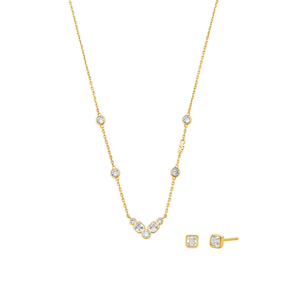 Michael Kors Yellow Gold Plated Sterling Silver Cubic Zirconia Necklace & Earrings Gift Set image number 0