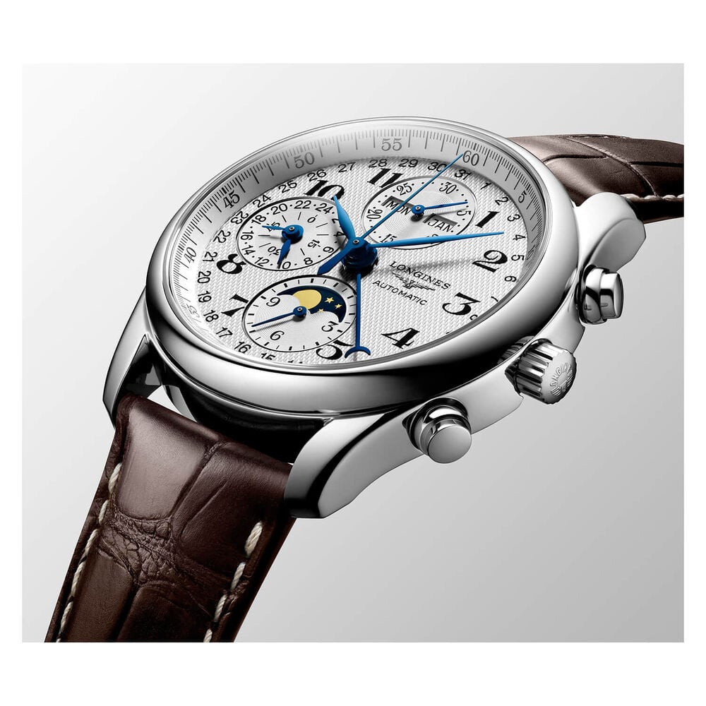 Longines Master Collection 40mm Automatic Chronograph Silver Dial Leather Strap Watch image number 3