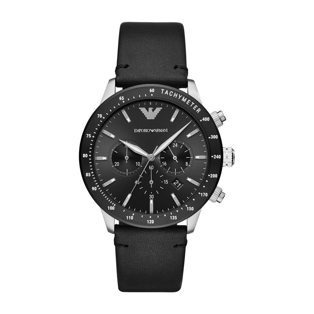 Emporio Armani 43mm Black Chronograph Dial Steel Case Black Bezel Black Leather Strap Watch