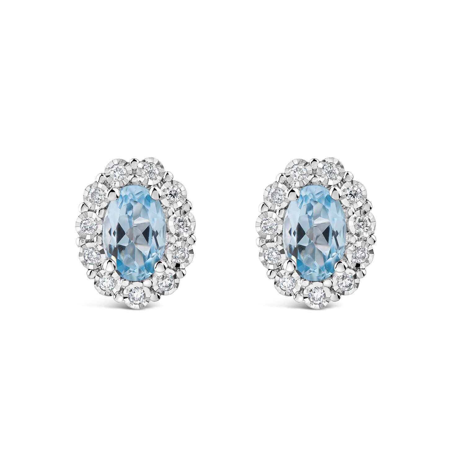 9ct White Gold Oval Blue Topaz Centre 0.05ct Diamond Cluster Stud Earrings