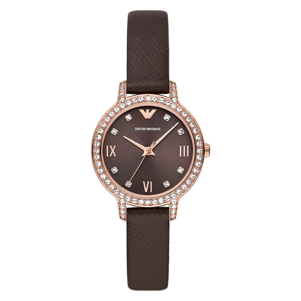Emporio Armani Cleo 32mm Brown Dial Cubic Zirconia Bezel Rose Gold Case Leather Strap Watch