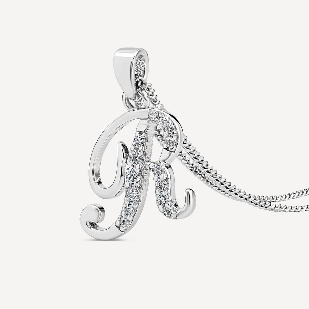 Sterling Silver Script Cubic Zirconia Set Initial R Pendant image number 2