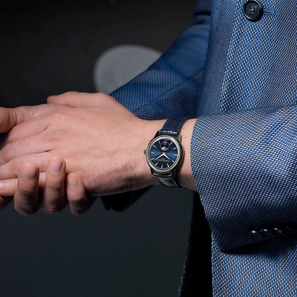 Frederique Constant Classics Moneta Moonphase 37mm Blue Dial Leather Strap Watch image number 3
