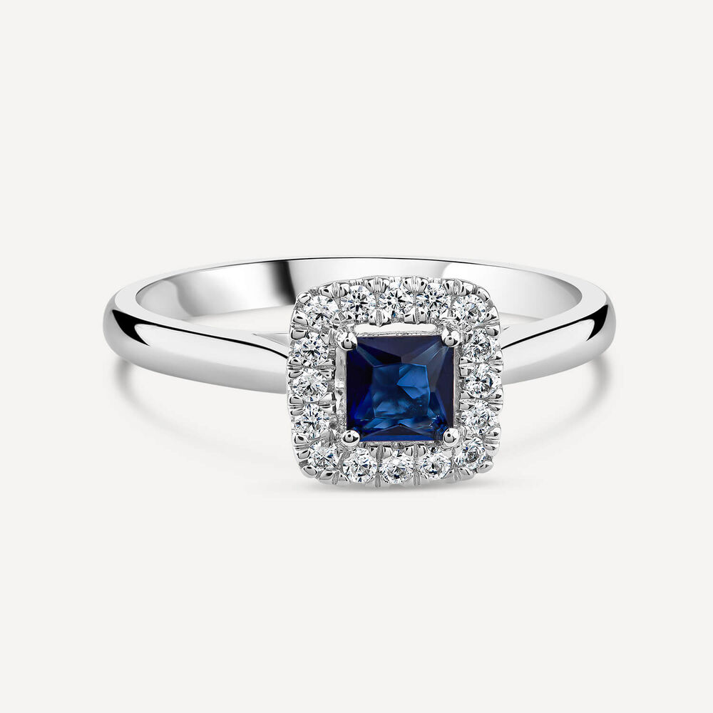 Tulip Setting 18ct White Gold Princess Sapphire & 0.15ct Diamond Halo Ring image number 2