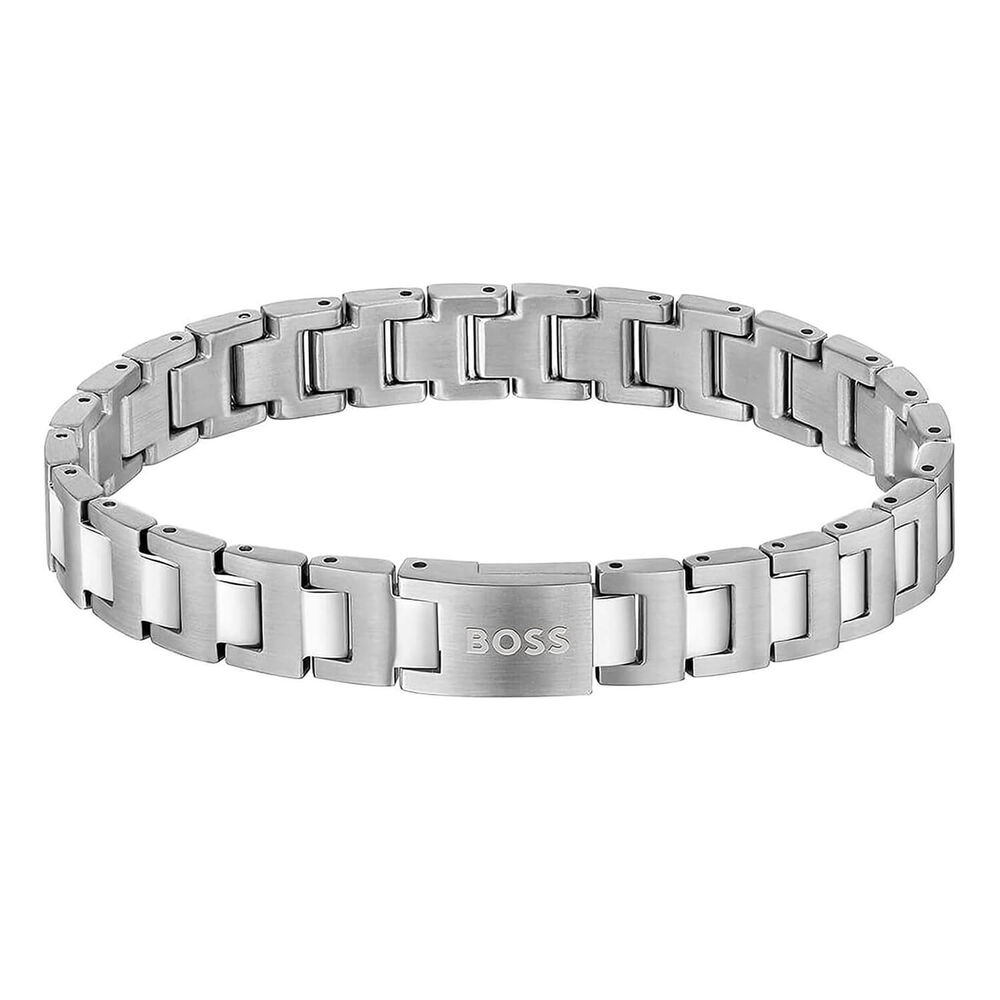 BOSS Candor Silver Tone Link Logo Closure Steel Bracelet