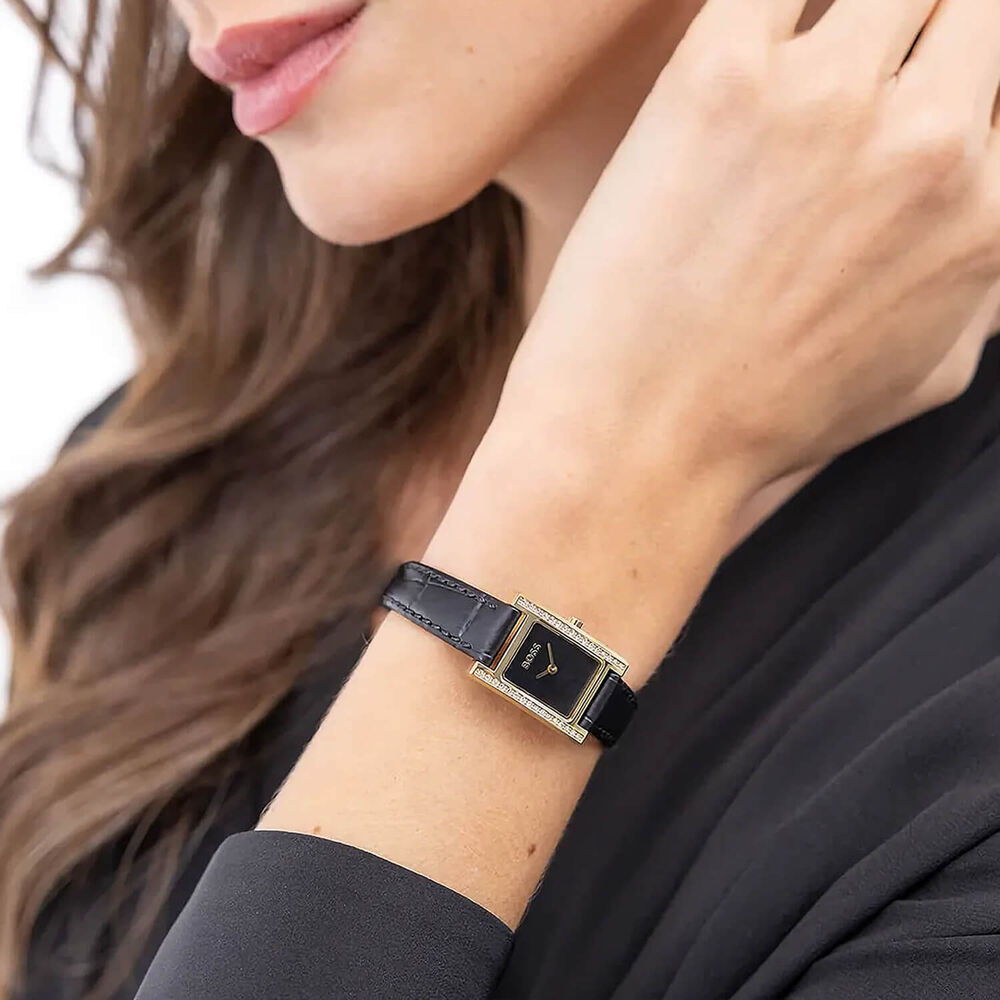 BOSS Lucy Precious 18mm Rectangular Black Dial Black Leather Strap Watch image number 3