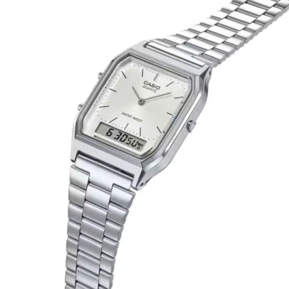Casio Vintage 38.8x29.8mm Silver Dial Dual Display Stainless Steel Bracelet Watch