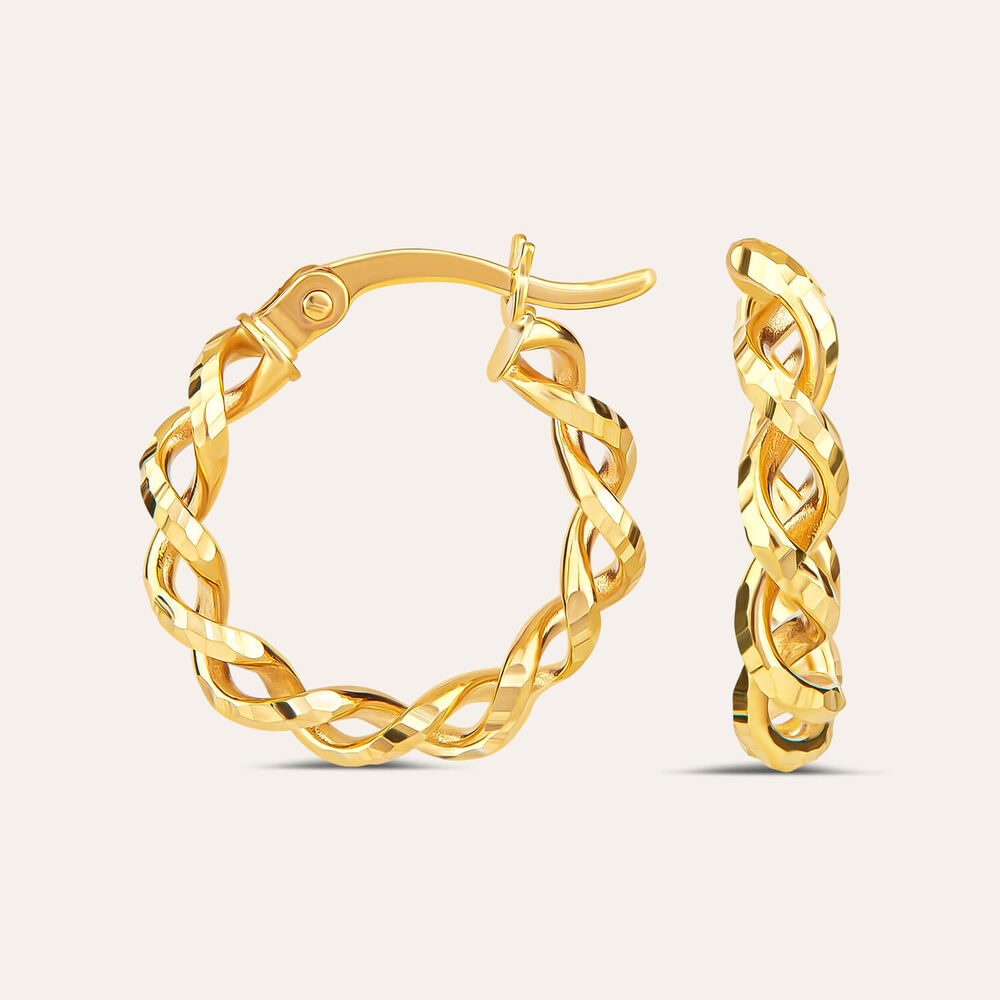 9ct Yellow Gold Diamond Cut Woven Twist Creole Hoop Earrings