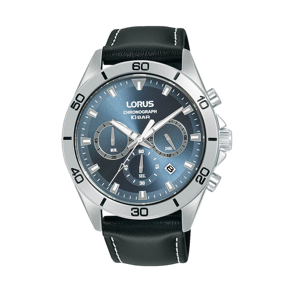 Lorus Quartz Chronograph 43mm Blue Dial Black Leather Strap Watch