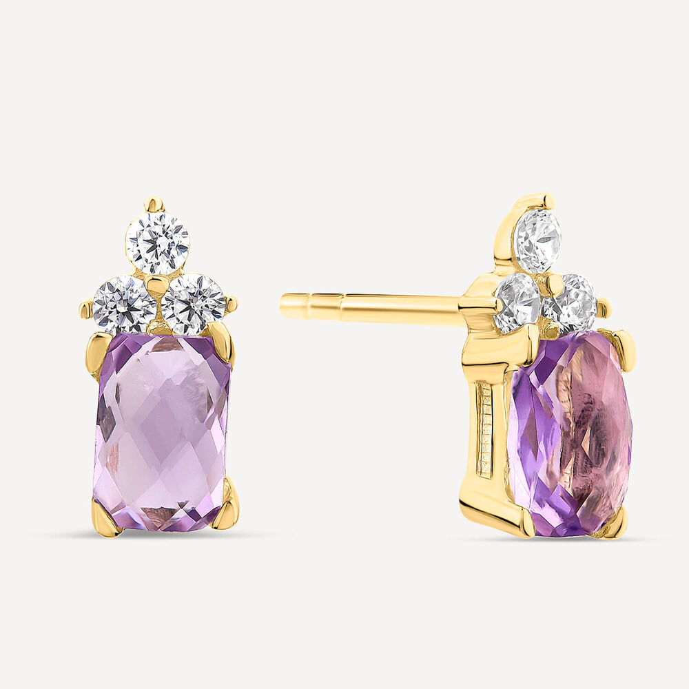 9ct Yellow Gold Rectangular Amethyst & Cubic Zirconia Trefoil Top Stud Earrings