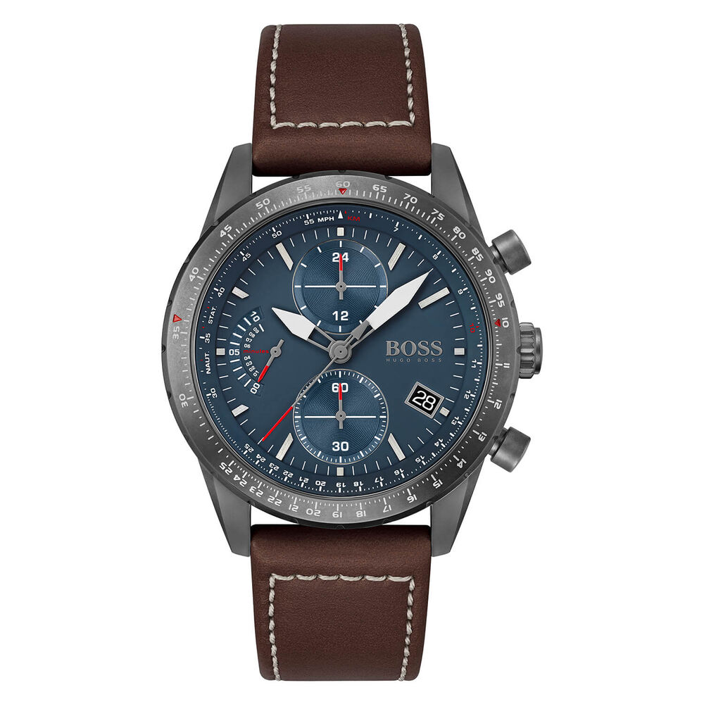 BOSS Pilot Chronograph 44mm Blue Dial Gray IP Case Brown Strap Watch