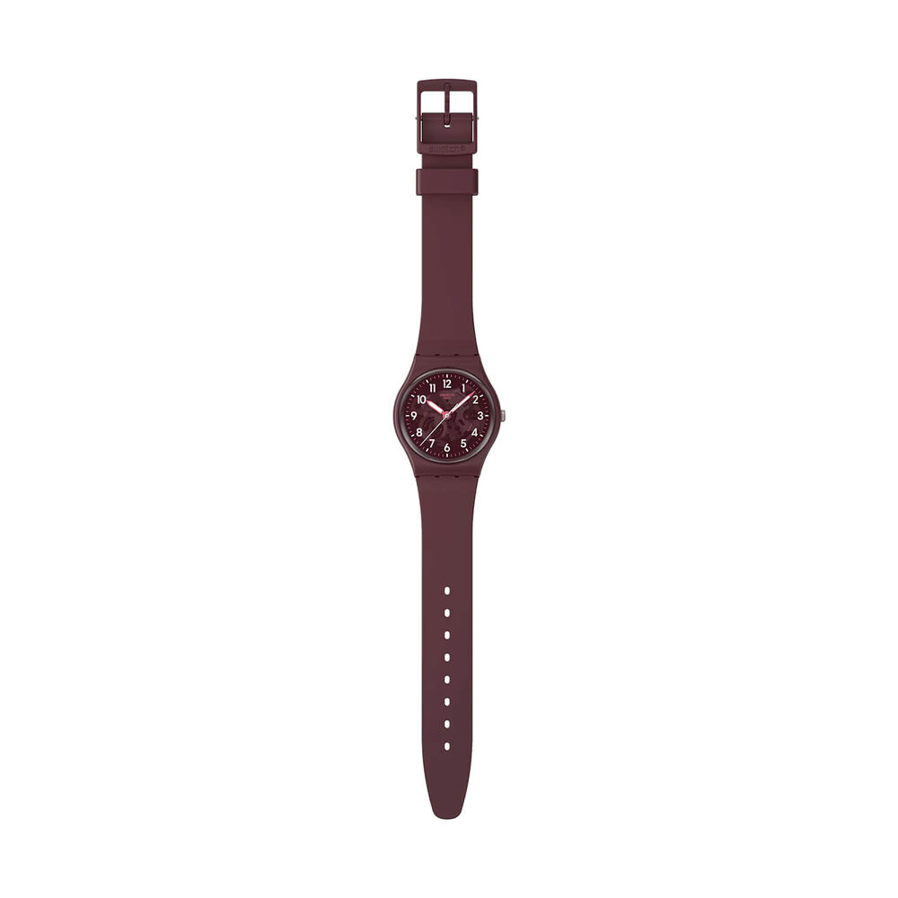 Swatch Thru The Crown Glass 34mm Burgundy Dial Silicone Strap Watch image number 1