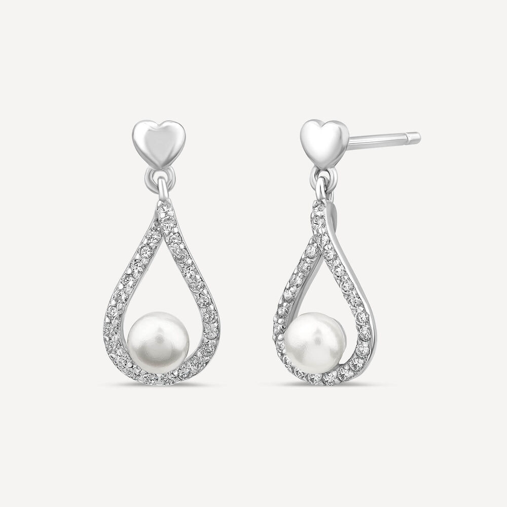 Sterling Silver 4.5-5mm Freshwater Pearl & Cubic Zirconia Open Tear Shaped Drop Earrings image number 1