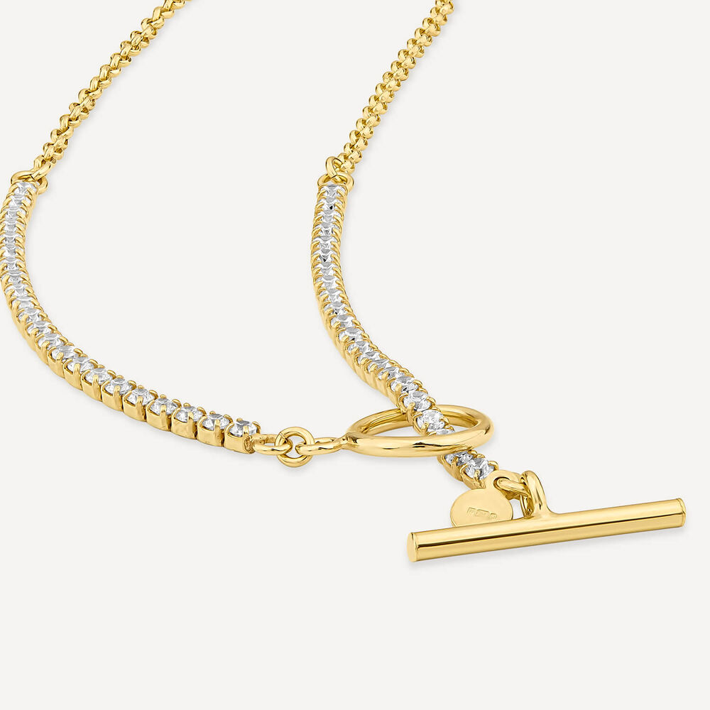 Sterling Silver & Yellow Gold Plated Half Cubic Zirconia Tennis Chain T-Bar Necklet image number 3