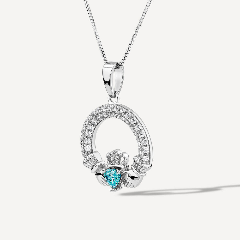 Sterling Silver March Birthstone Pave Cubic Zirconia Claddagh Pendant