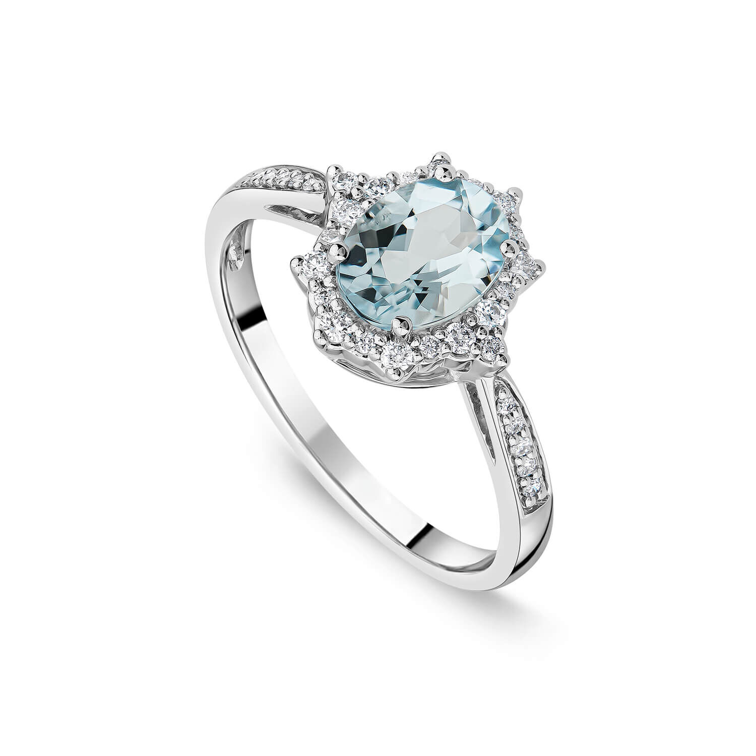 9ct White Gold 0.19ct Oval Aquamarine Diamond Star Halo Ring
