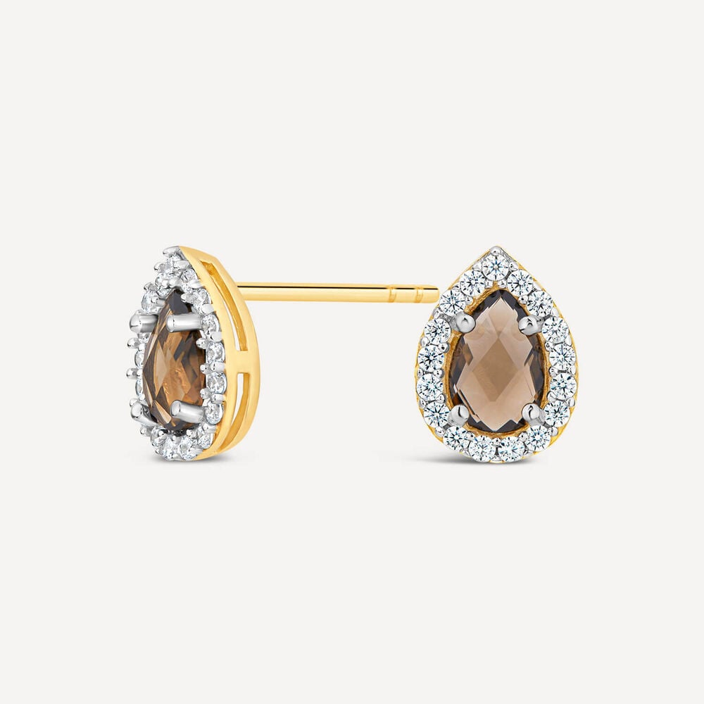 9ct Yellow Gold Pear Smokey Quartz & Cubic Zirconia Stud Earrings image number 1