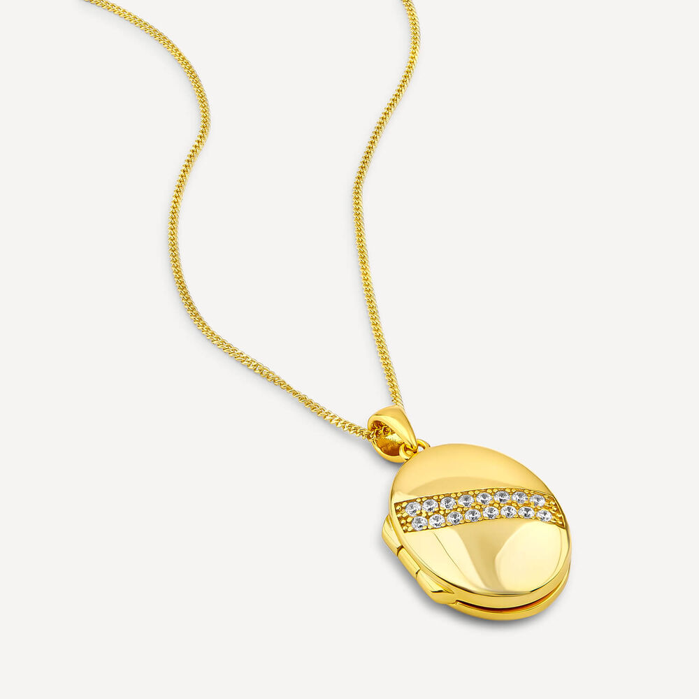 Yellow Gold Plated Sterling Silver Cubic Zirconia Double Row Centre Oval Locket Pendant image number 3