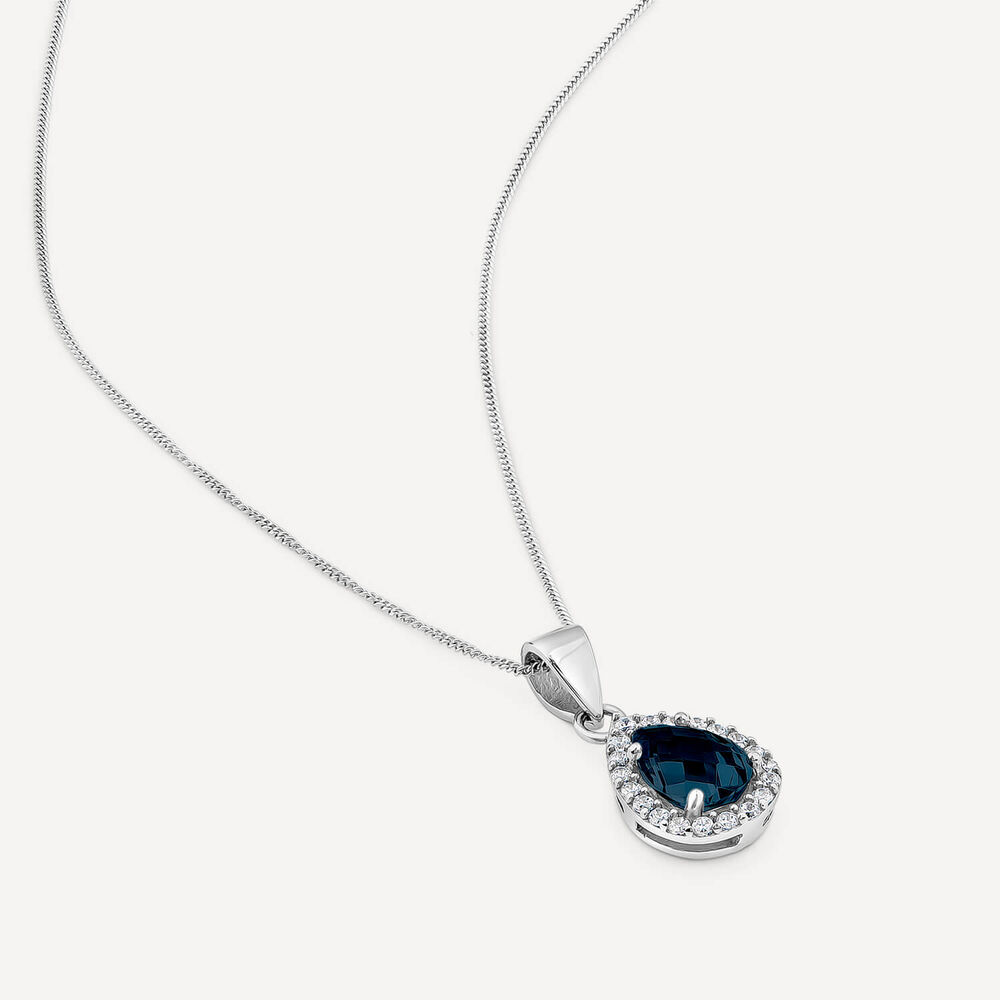 9ct White Gold Created Pear Sapphire & Cubic Zirconia Pendant image number 3