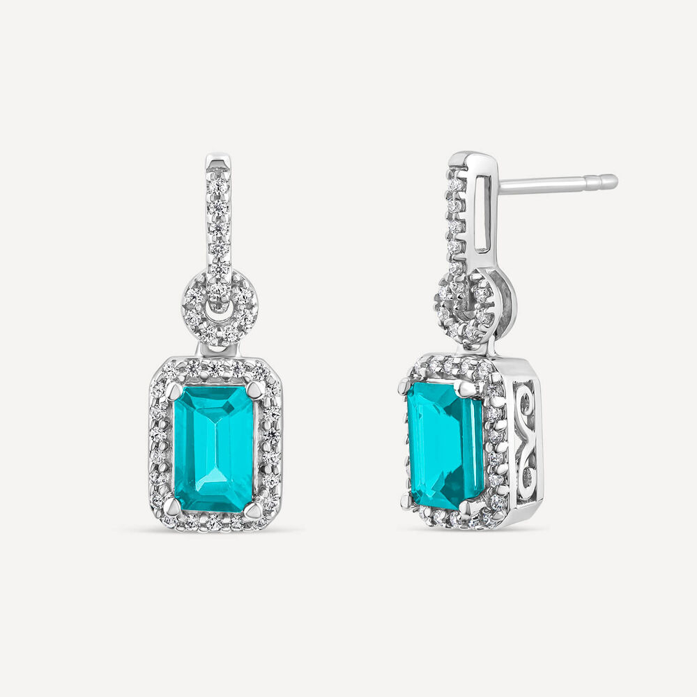 9ct White Gold Blue Topaz & 0.20ct Diamond Halo Drop Earrings