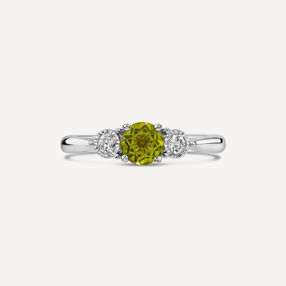 9ct White Gold Round Peridot 0.12ct Diamond Sides Stone
