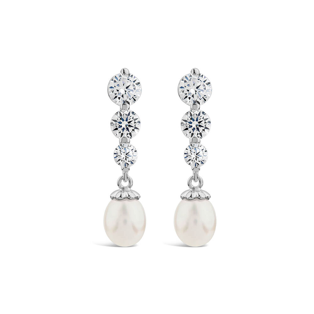 Sterling Silver 3 Cubic Zirconia & Pearl Drop Earrings image number 0