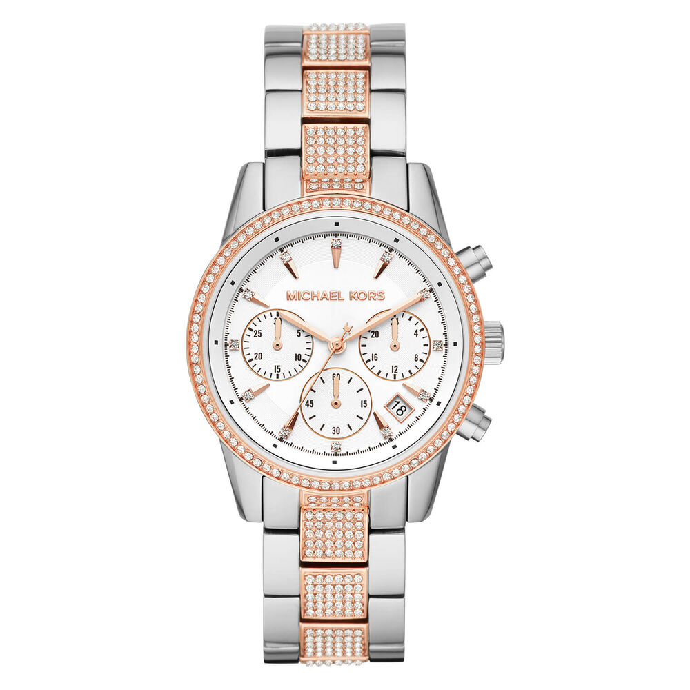Michael Kors Ritz 37mm Mother of Pearl Cubic Zirconia Rose Gold IP & Steel Case Bracelet Watch image number 0