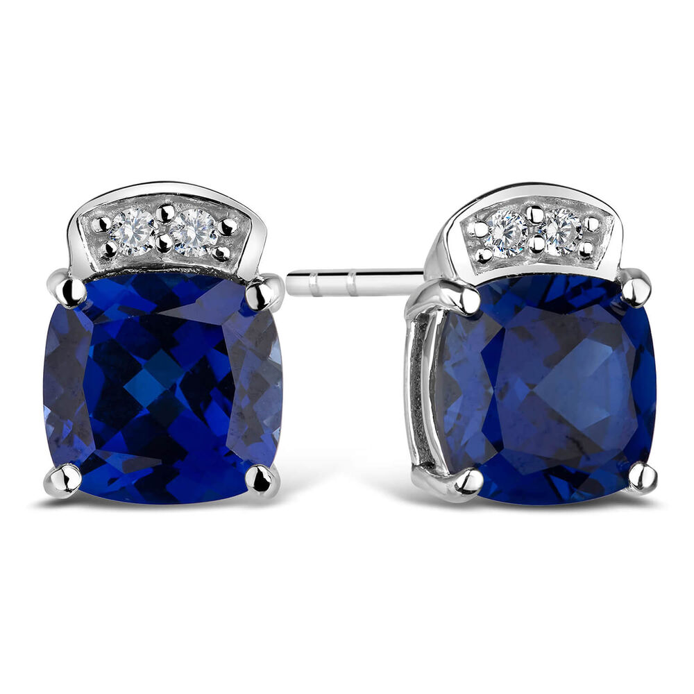 9ct White Gold Cushion Cut Sapphire & Cubic Zirconia Stud Earrings image number 1