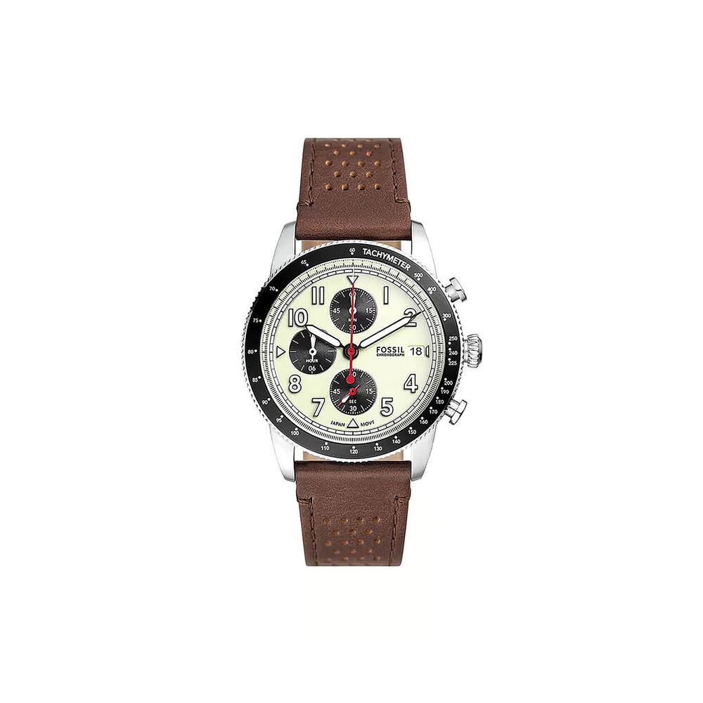 Fossil Sport Tourer Chronograph 42mm Cream Dial Brown Leather Strap Watch image number 0